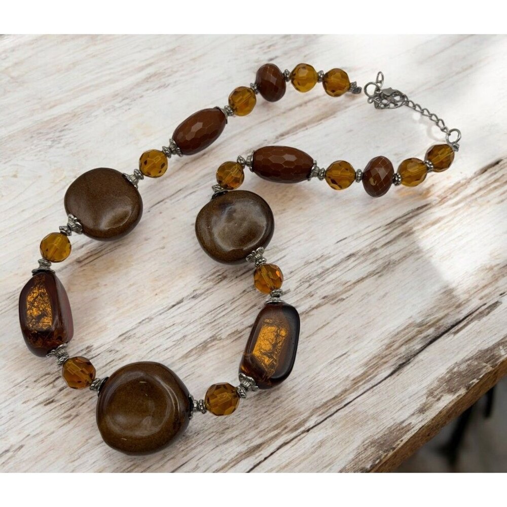 Chunky Brown Beaded Necklace Silver Tone Amber Aesthetic Boho Tribal